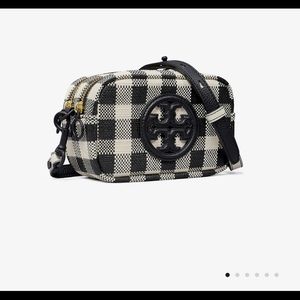 Tory Burch Perry Bombe Gingham Mini Bag Crossbody Black White Leather